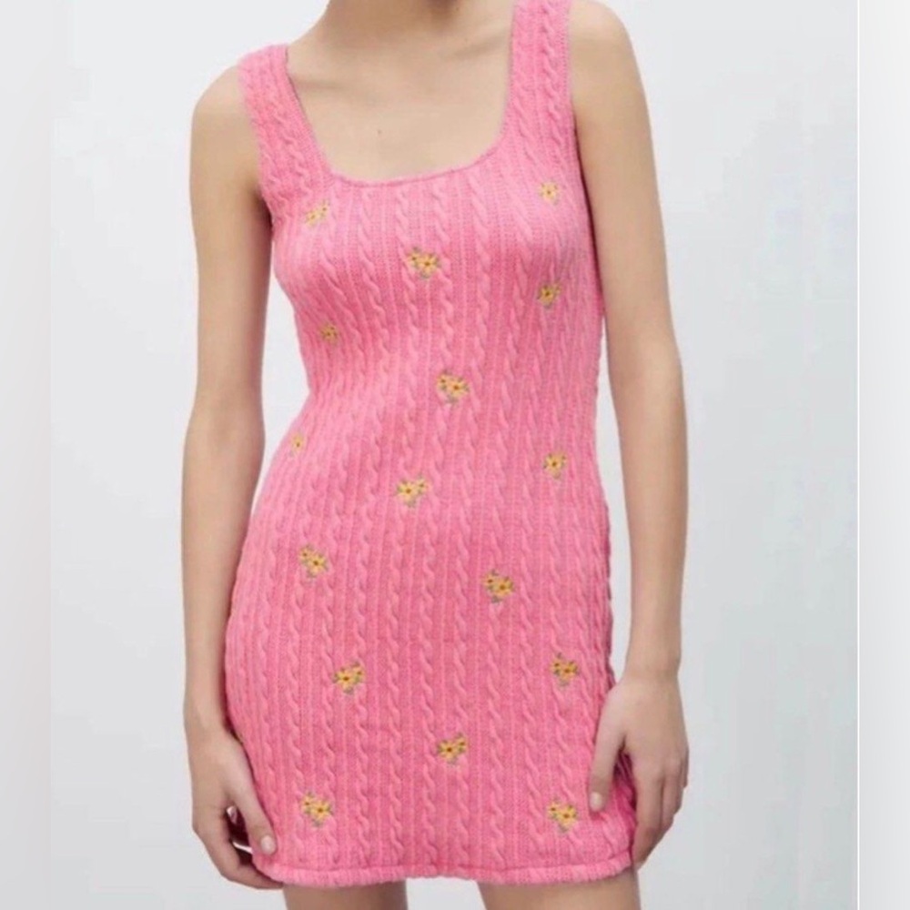 ZARA Pink Floral Cable Knit Mini Dress
